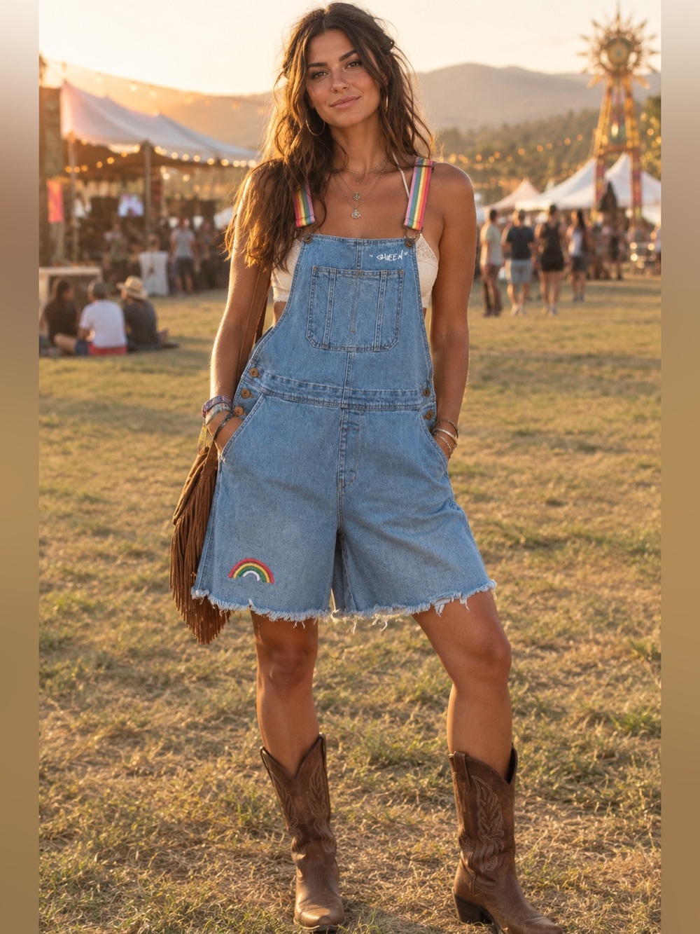 Denim Short Overalls with Rainbow Patch - and suspenders Woman’s Blue